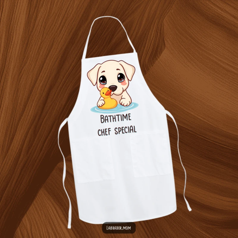 Funny Apron: A kawaii Labrador with curious eyes nudges a rubber duck, keeping your clothes clean with charm.