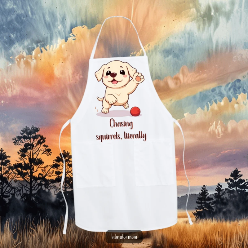 Funny kawaii Labrador apron with a cute dog in a playful pounce, adding humorous and practical flair to kitchen activities for dog lovers.