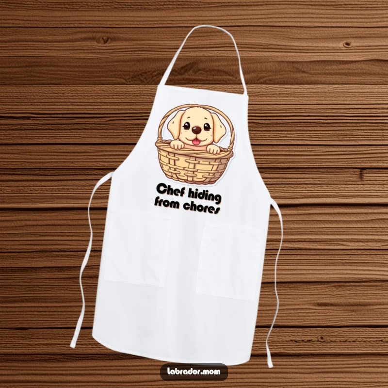 Funny kawaii Labrador apron with a cute dog peeking from a basket with a mischievous glint, adding humorous and practical flair to kitchen activities.