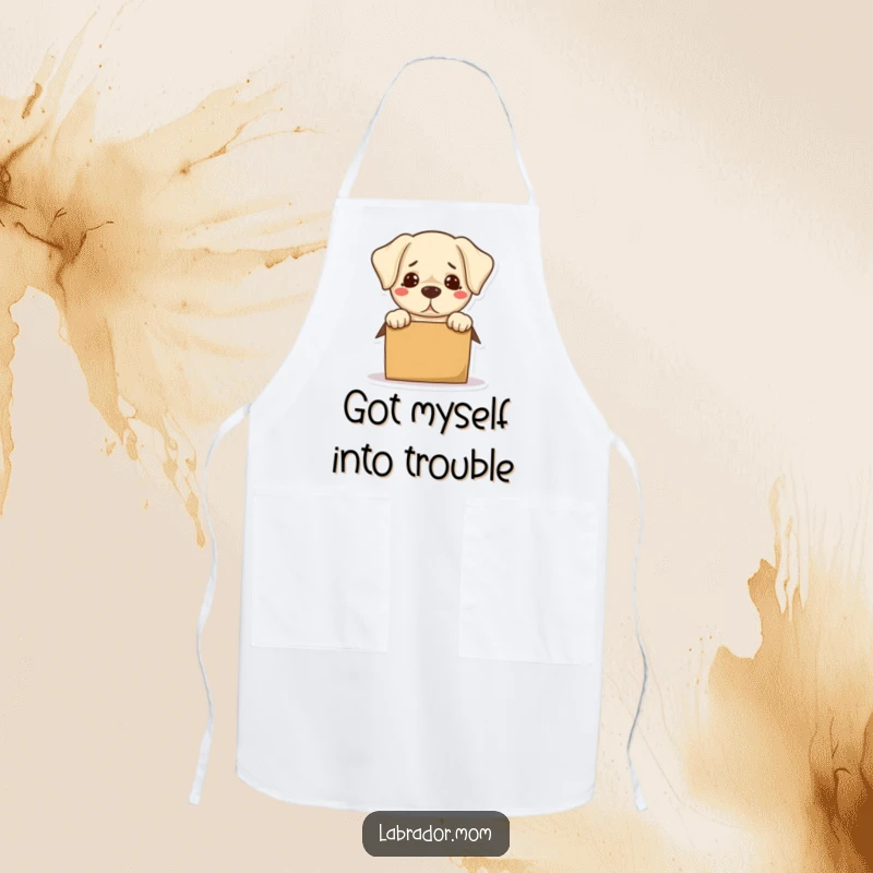 Funny Kawaii Labrador Apron showing a dog hilariously trying to fit into a small box, perfect for a humorous kitchen.