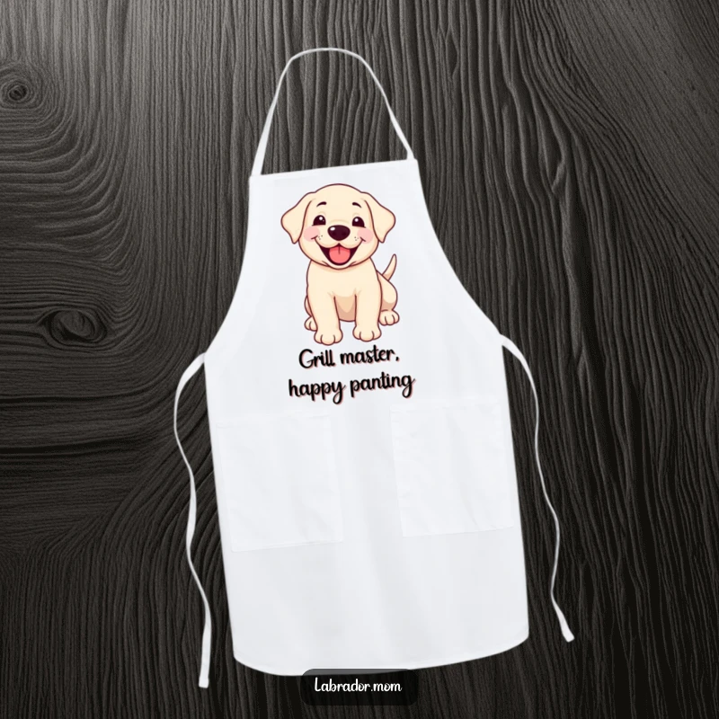 Funny smiling Labrador cub panting happily with a wagging tail on a kitchen apron, adding cheer to cooking.