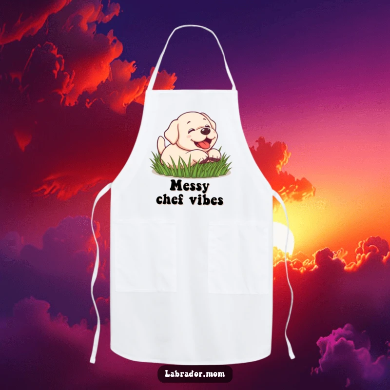Funny Kawaii Labrador dog rolling in grass, playful, cute apron, kitchen fun, dog lover gift, funny gift.