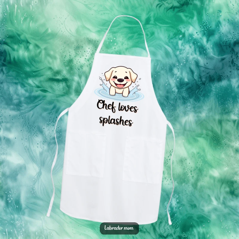 Funny Kawaii Labrador apron showing a happy dog splashing in a puddle, perfect for keeping clothes clean with a splash of humor.