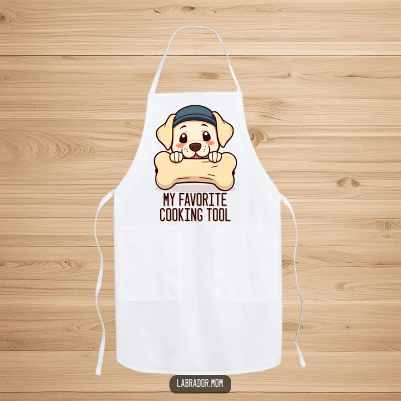 Funny Kawaii Labrador apron showcasing a cute dog peeking from behind a large bone, perfect for culinary fun.