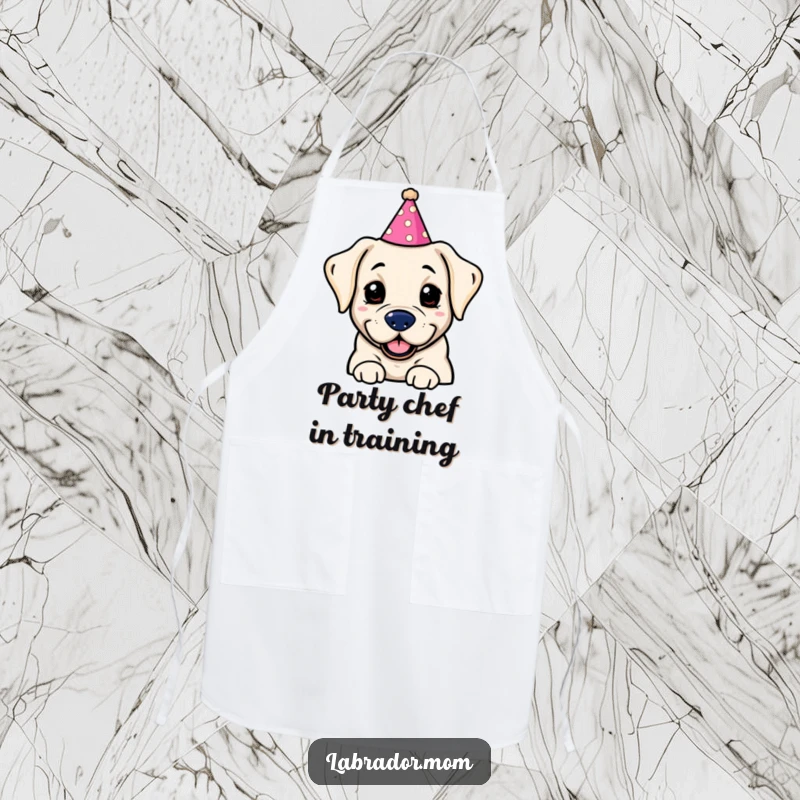 Funny Kawaii labrador wearing a silly party hat, ready to cook up a storm with this essential and humorous kitchen apron.