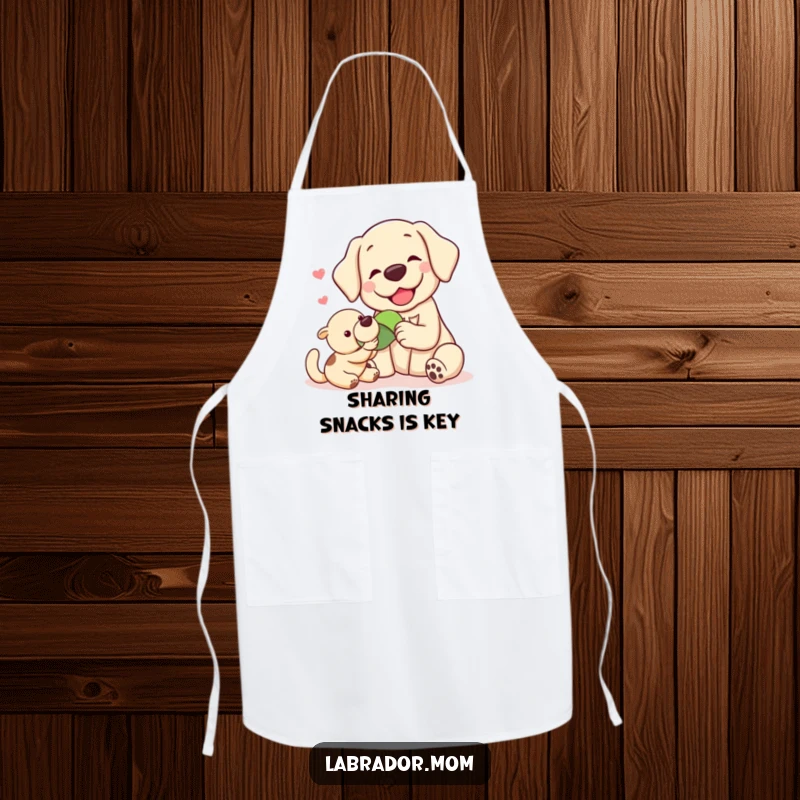Funny Kawaii labrador sharing a toy, embodying generosity while cooking in this functional and humorous kitchen apron.