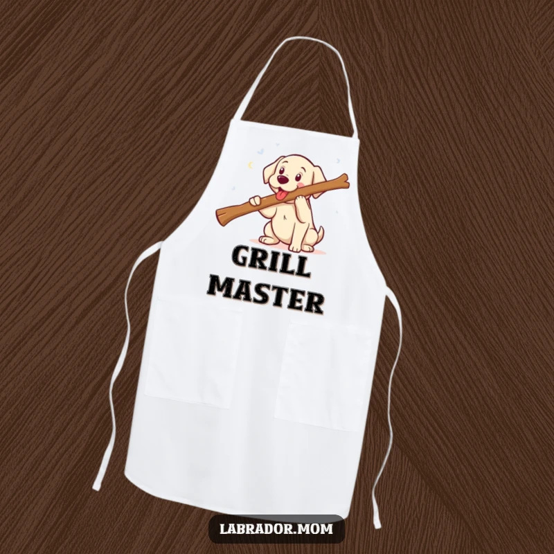 Funny kawaii Labrador with a huge smile fetching a comically large stick, a practical and humorous apron for the kitchen.