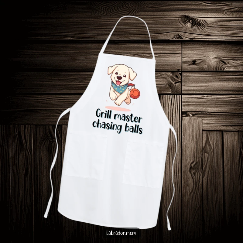 Funny Apron: A kawaii Labrador in a bandana runs with a ball, keeping your clothes clean with energetic charm.