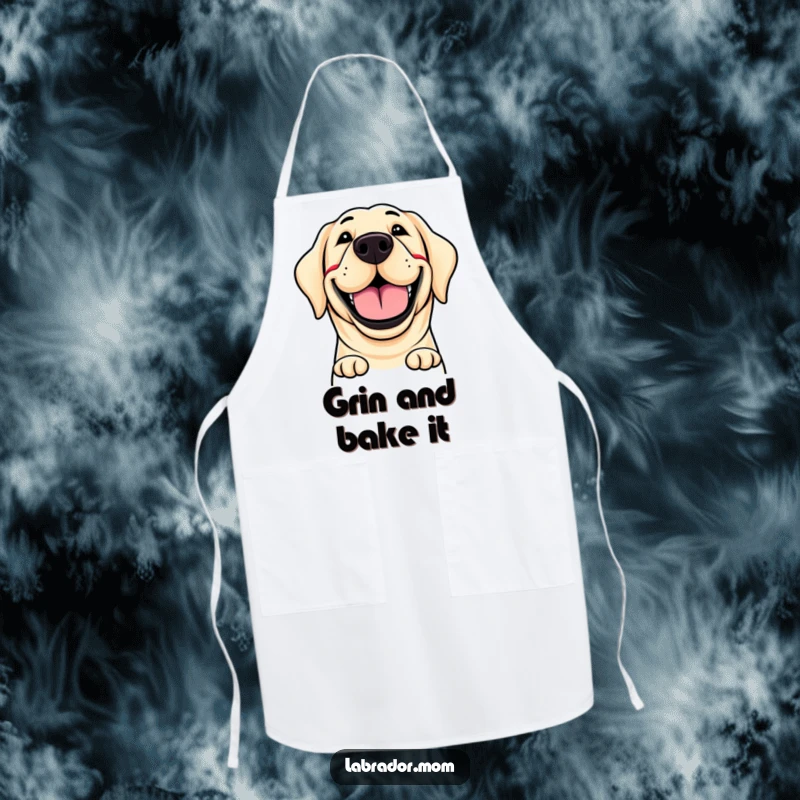 Funny apron with a labrador dog's large, cheerful, and contagious grin, perfect for a humorous kitchen accessory.
