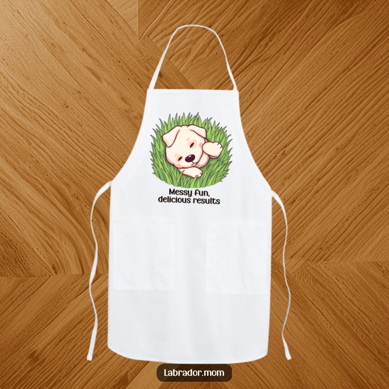 Funny kawaii Labrador apron with a dog rolling playfully in grass, great for kitchen fun.