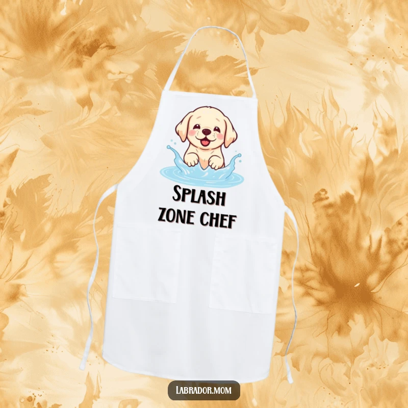 Funny Kawaii Labrador apron with a happy dog joyfully splashing in water, ideal for kitchen activities.