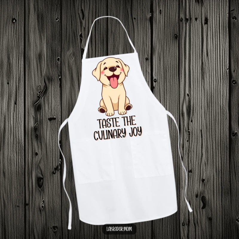 Funny kawaii Labrador apron with a dog happily panting with tongue out, great for kitchen fun.