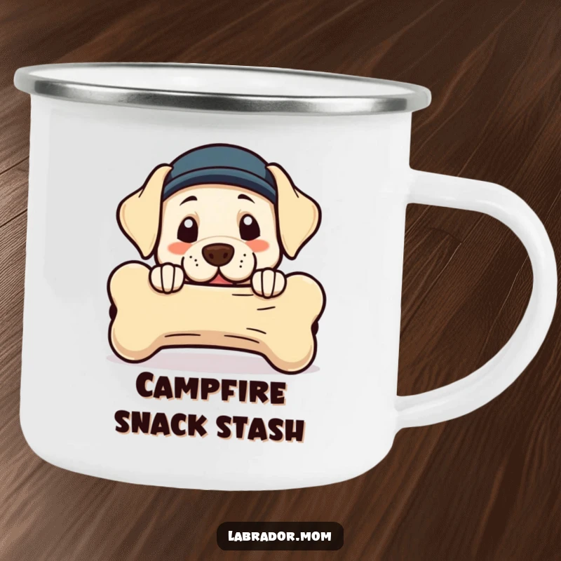 Funny Kawaii Labrador camping mug with a cute dog peeking from behind a huge bone, perfect for outdoor brews.
