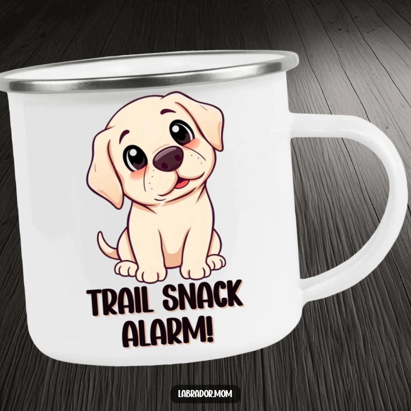 Funny Kawaii Labrador camping mug with a surprised dog, designed for durable and humorous outdoor use.