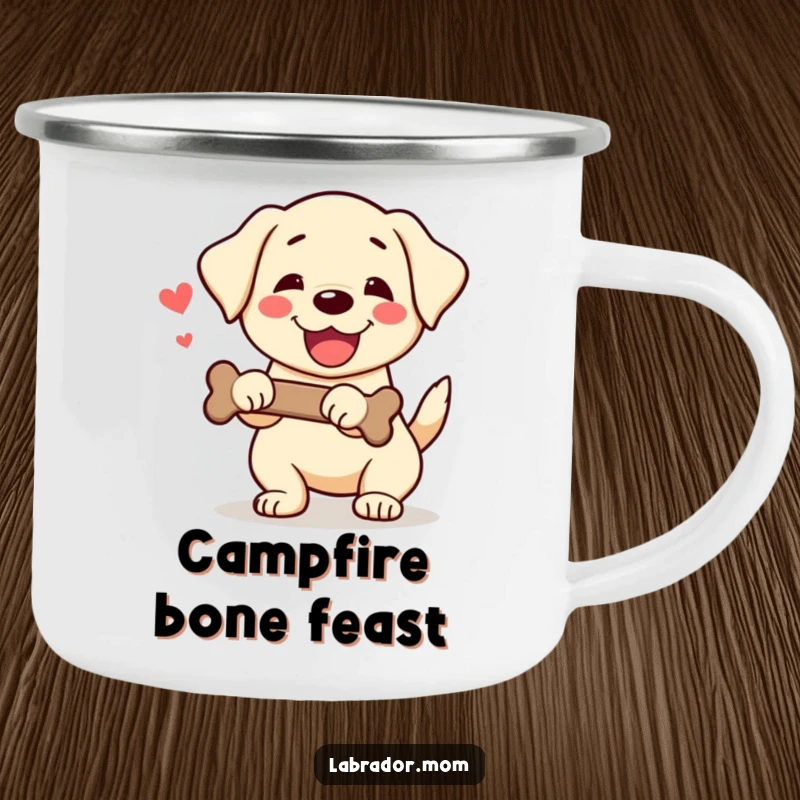 Funny Kawaii Labrador Camping Mug showing a happy dog wagging its tail and holding a bone, perfect for humorous outdoor drinks.
