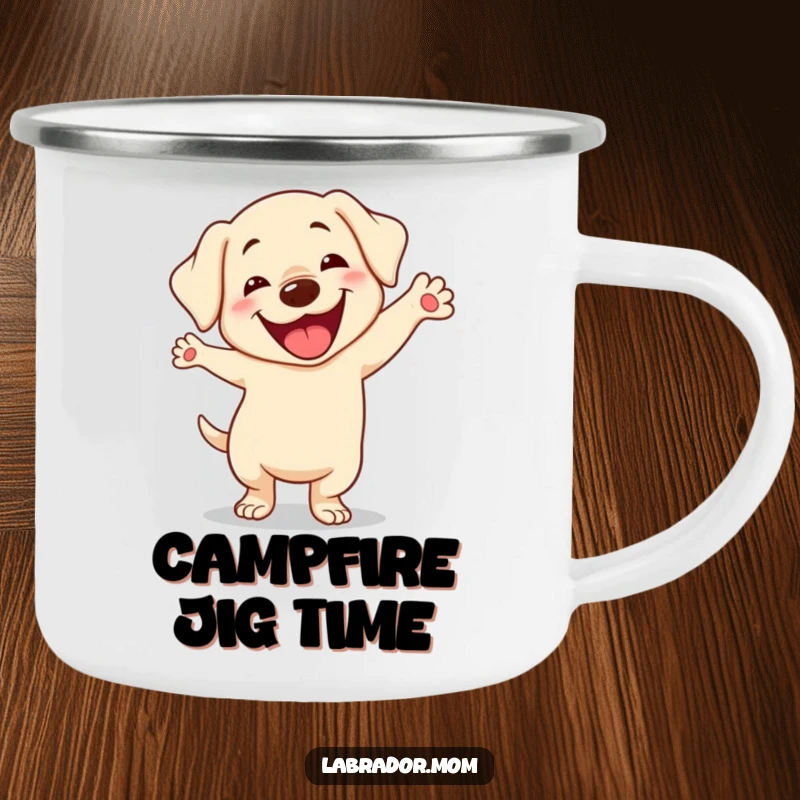 Funny Kawaii Labrador Camping Mug, cute dog doing a silly dance with a goofy smile, durable cup for adventures, humorous gift.