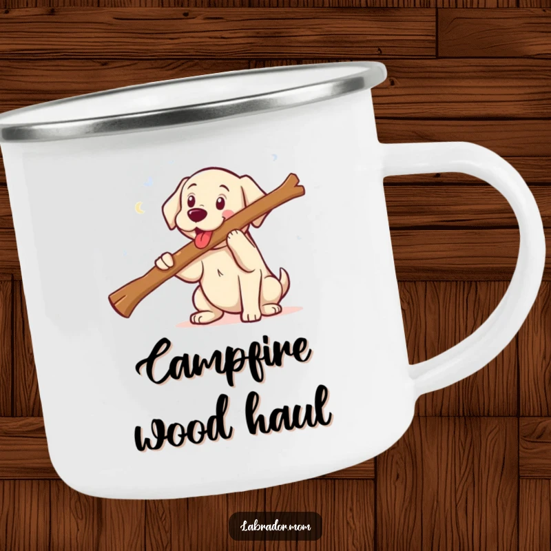 Funny kawaii Labrador fetching a comically large stick with a huge smile, a durable and humorous enamel camping mug.