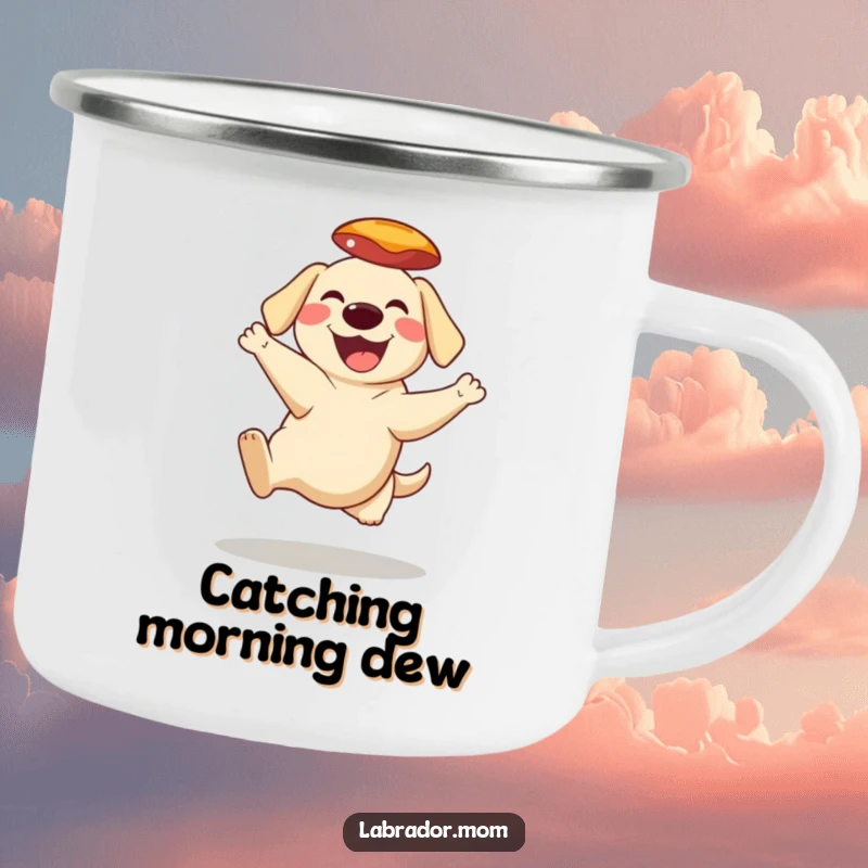 Funny Camping Mug showing a grinning Labrador character jumping to catch a frisbee mid-air, perfect for outdoor excursions.