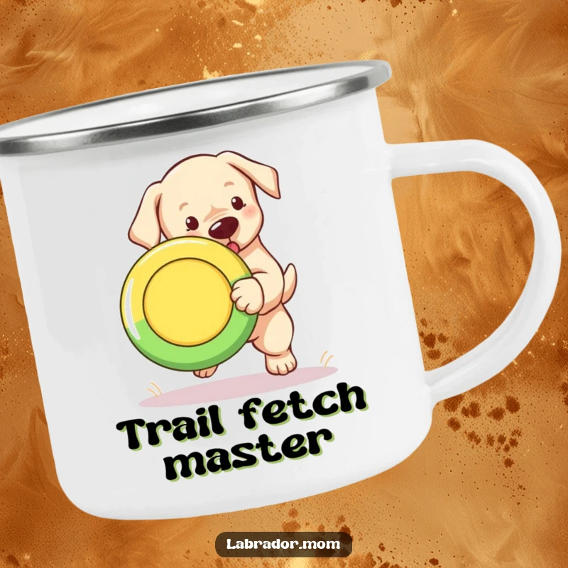 Funny Labrador puppy camping mug illustration of a cute cub fetching a colorful Frisbee.