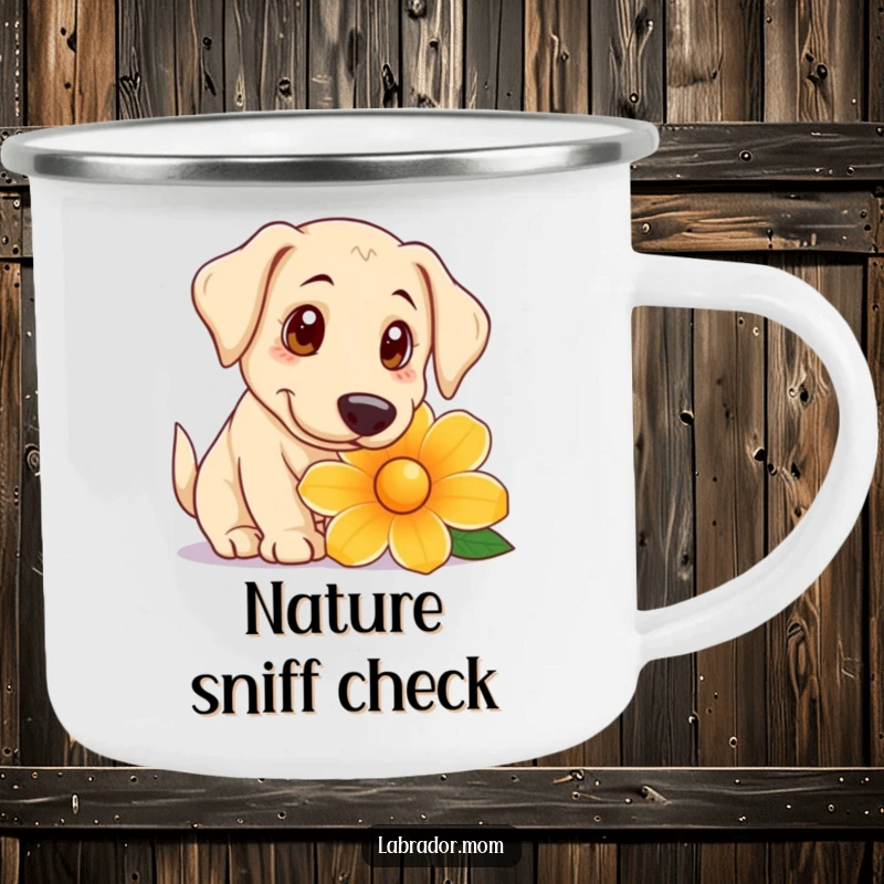 Funny Camping Mug showing a playful Labrador with big, curious eyes sniffing a giant flower, perfect for outdoor exploration.