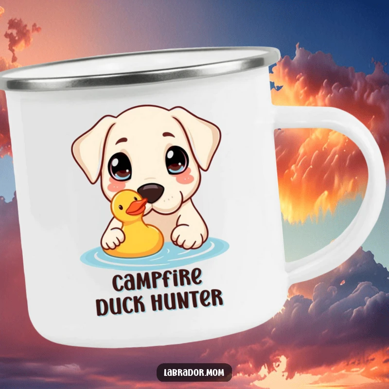 Funny Camping Mug: A kawaii Labrador with curious eyes nudges a rubber duck, perfect for enjoying drinks outdoors.