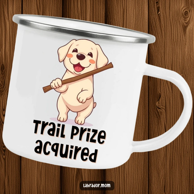 Funny enamel camping mug featuring a Kawaii Labrador excitedly carrying a stick twice its size, perfect for humorous outdoor sipping.