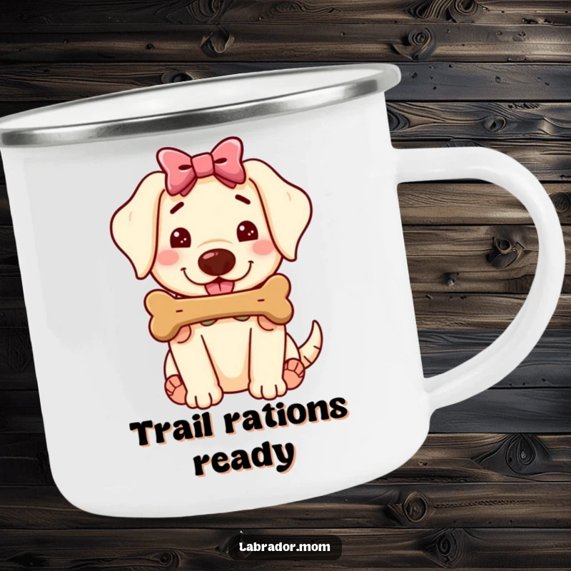Funny Kawaii Labrador Camping Mug, cute dog with bow offering a juicy bone, durable cup for adventures, humorous gift.