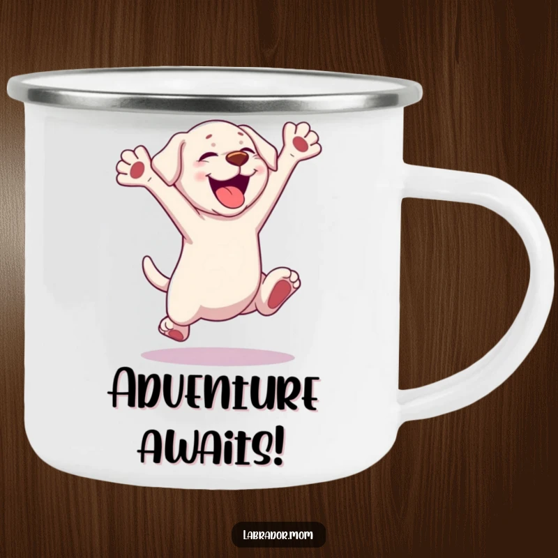 Funny Kawaii Labrador Camping Mug, a cute dog leaping with excitement, enamel cup for adventures, a humorous outdoor gift.