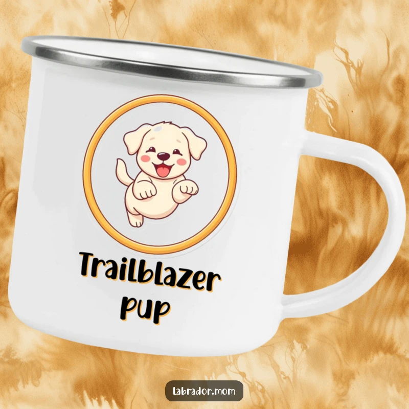 Funny Kawaii Labrador camping mug with a happy dog leaping through a hoop, ideal for outdoor use.