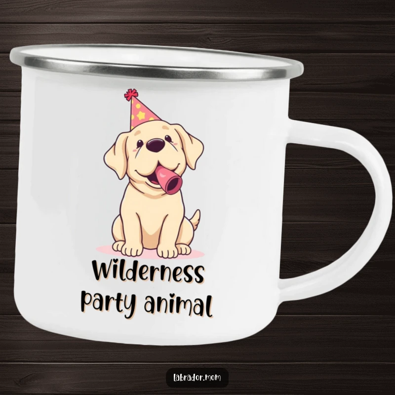 Funny Kawaii Labrador Camping Mug with a party dog, perfect for humorous outdoor beverages.