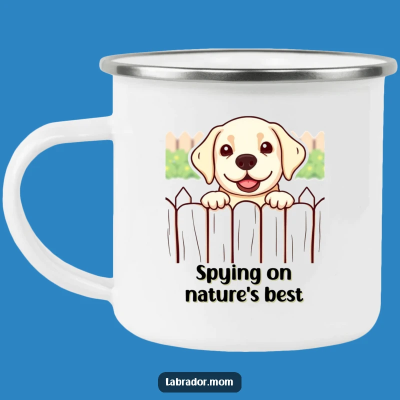 Funny Kawaii Labrador Camping Mug: Peeking Over Fence, Outdoor Dog Gift