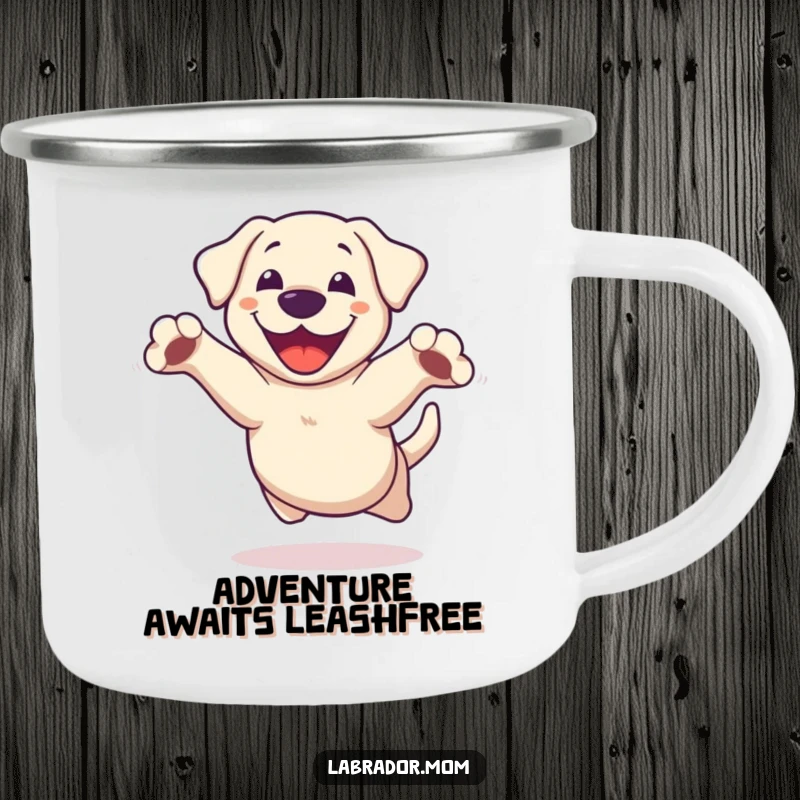 Funny Kawaii Labrador Camping Mug, a happy dog performing a joyful leap with paws spread, ready for outdoor fun.