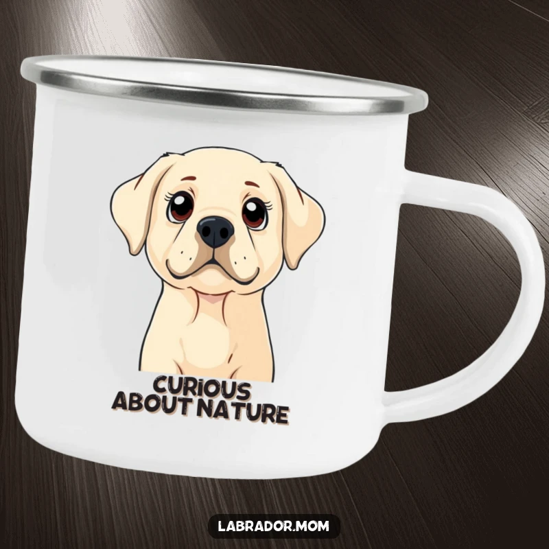 Funny Labrador camping mug showing a dog with wide, curious eyes looking up, durable and charming, a funny gift.