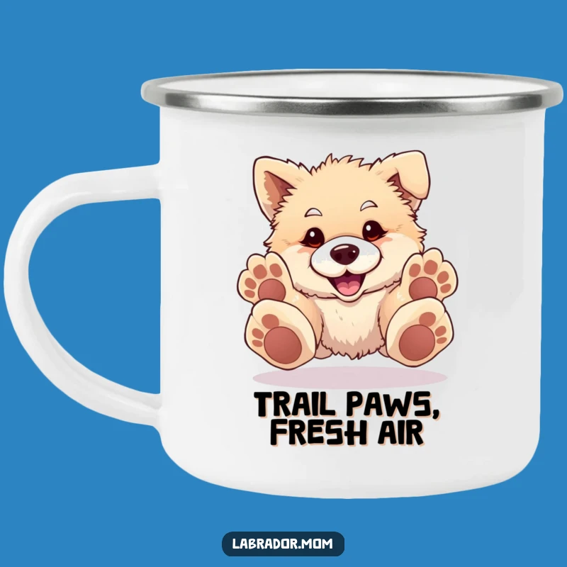 Funny Oversized Paws Dog Camping Mug: Pouncing Puppy Enamel Cup for Outdoors