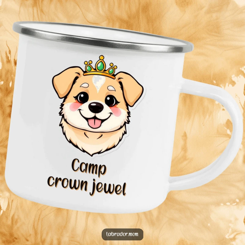 Funny, round, cheerful dog head wearing a tiara on a rustic enamel camping mug. Perfect for outdoor adventure.
