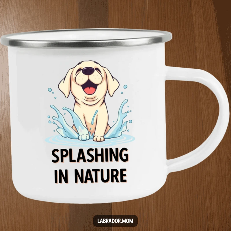 Funny Camping Mug showing a joyful, animated Labrador splashing water with happy abandon, perfect for lakeside adventures.