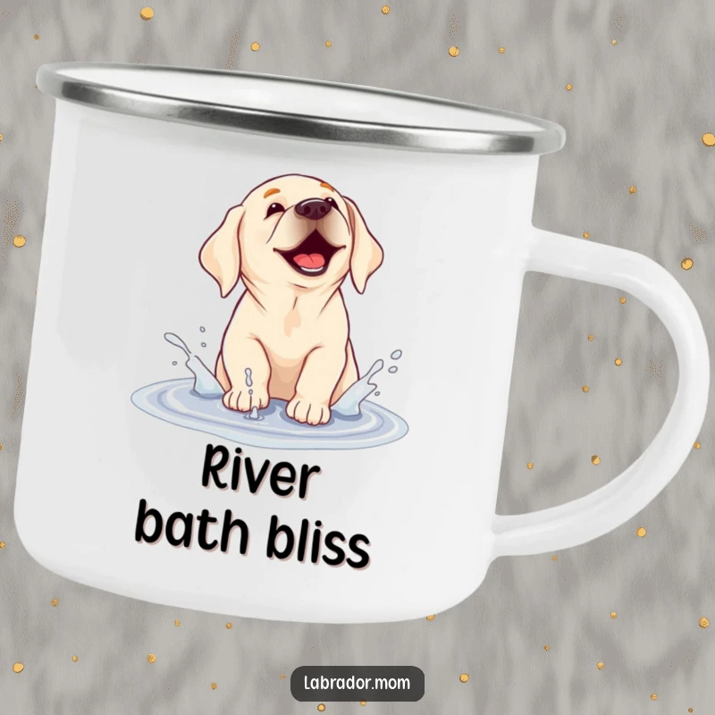 Funny camping mug depicting a labrador dog gleefully splashing in a puddle, ready for outdoor fun and smiles.