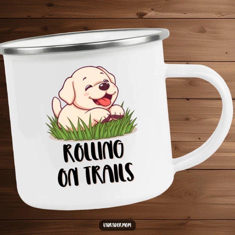 Funny Kawaii Labrador dog rolling in grass, playful, cute camping mug, outdoor drinkware, funny gift.