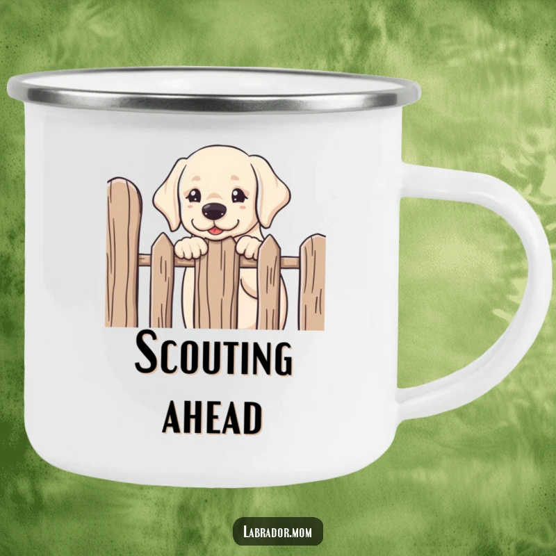 Funny kawaii Labrador peeking over a fence with friendly curiosity, a rugged and humorous enamel camping mug.