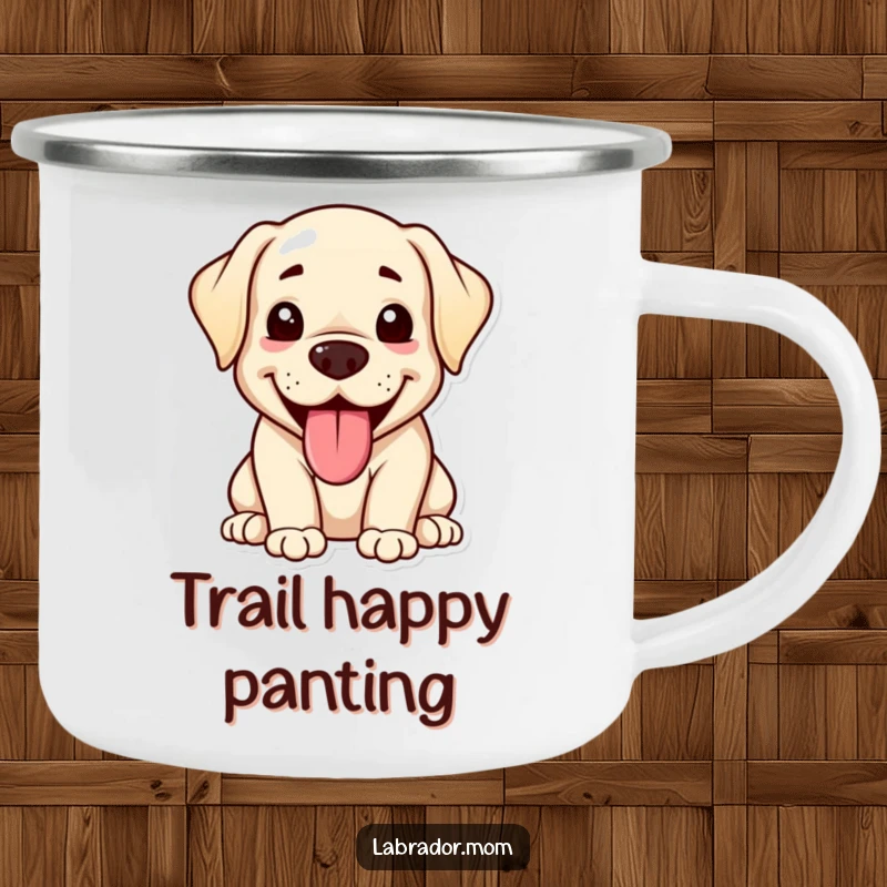 Funny kawaii Labrador camping mug showing a happy, panting dog with its tongue out, perfect for hilarious outdoor beverage enjoyment.
