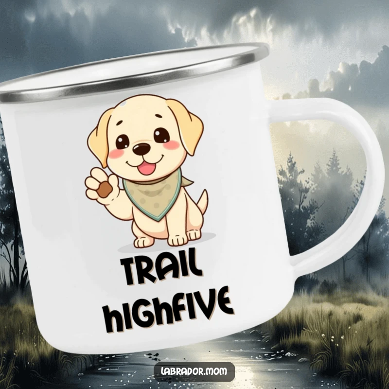 Funny Kawaii Labrador Camping Mug, a cute lab offers a paw for a high-five, perfect for outdoor adventures and sharing friendly moments