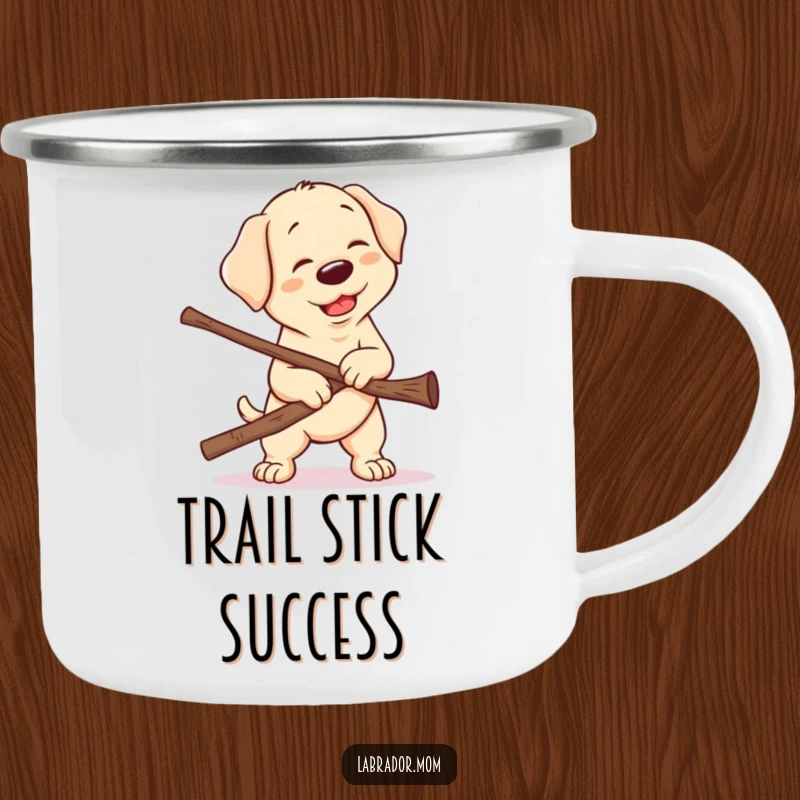 Funny Kawaii Labrador Camping Mug, a cute lab's hilarious attempt to carry a massive stick, perfect for outdoor excursions and coffee lovers