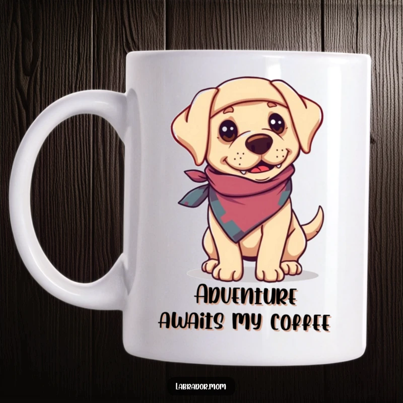 Funny Labrador dog wearing a bandanna, looking adventurous and ready for a journey on a ceramic mug.