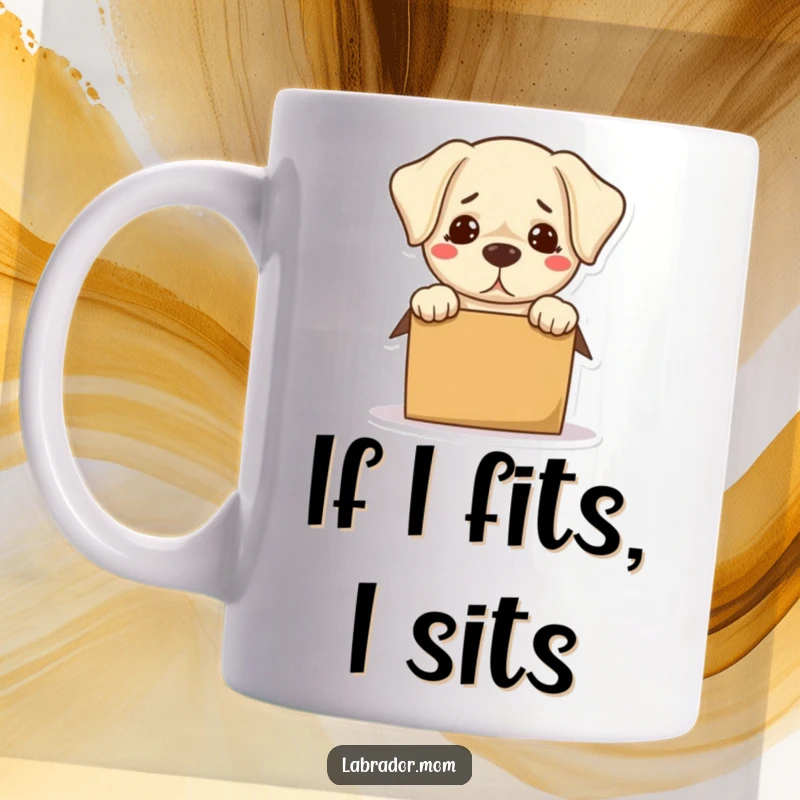 Funny Kawaii Labrador Mug showing a bewildered dog hilariously attempting to squeeze into a tiny box, full of cute confusion.