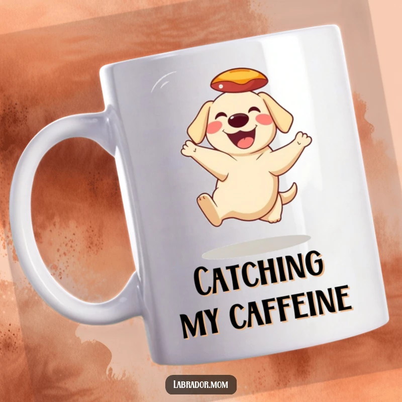 Funny Mug showcasing a grinning Labrador character leaping and catching a frisbee mid-air with pure excitement and focus.