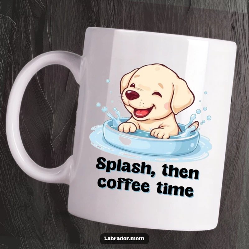 Funny giggling Labrador cub splashing playfully in a small, bubbly pool, featured on a ceramic mug.