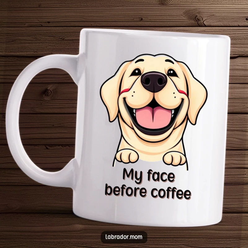 Funny mug with a joyful labrador's face, showcasing a massive, happy, and wide grin, radiating pure doggy bliss.