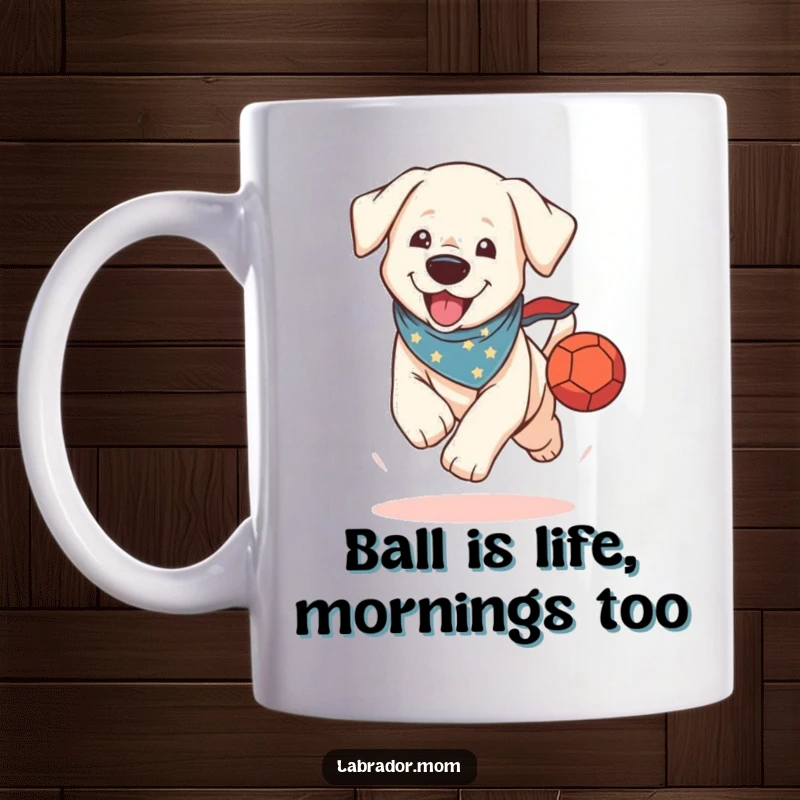 Funny Mug: A cute, kawaii Labrador sporting a bandana excitedly runs with a bright ball in its mouth.