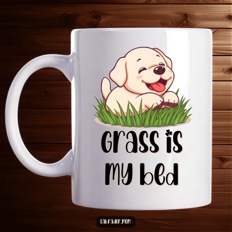 Funny Kawaii Labrador dog rolling playfully in the grass, happy, joyful, cute, funny dog mug.