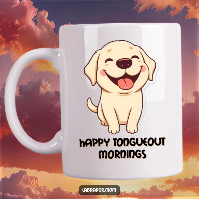 Funny kawaii Labrador mug showing a cute pup with a big grin and tongue playfully sticking out, expressing pure happiness for dog lovers.